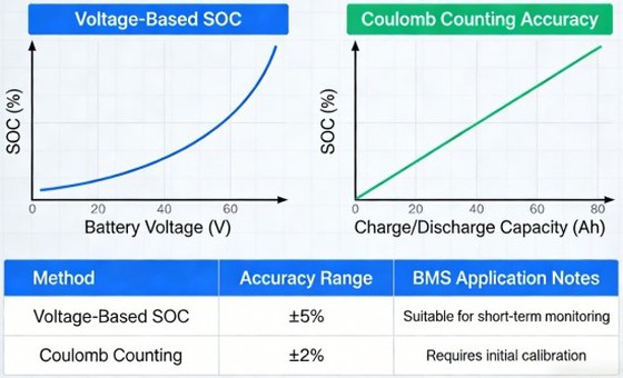 LiFePO4 voltage-based SOC vs coulomb counting accuracy comparison diagram industrial BMS LiFePO4 voltage-based SOC vs coulomb counting accuracy comparison diagram industrial BMS