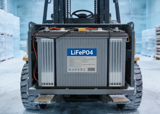 LiFePO4 forklift battery operating in cold storage freezer warehouse below zero celsius LiFePO4 forklift battery operating in cold storage freezer warehouse below zero celsius