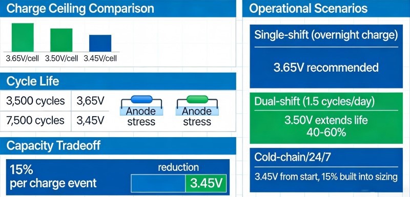 LiFePO4 cycle life vs charge voltage ceiling 3.45V 3.50V 3.65V per cell degradation curve industrial battery LiFePO4 cycle life vs charge voltage ceiling 3.45V 3.50V 3.65V per cell degradation curve industrial battery